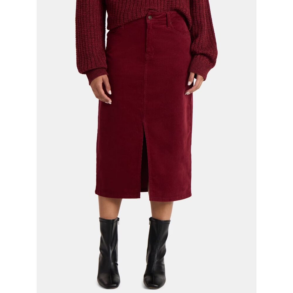 Time and Tru Women's Corduroy Midi Skirt with Front Slit, Size 0, Classic Fit - Picture 2 of 5